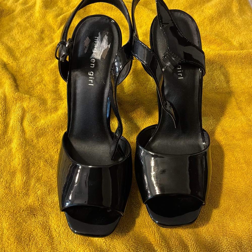 Madden Girl Black Patent Peep-Toe Slingback Heels